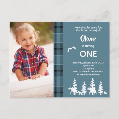 Photo 1st birthday blue lumberjack invitation postcard