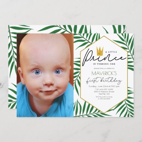 PHOTO _ 1st Birthday Little Prince Leaf Invitation