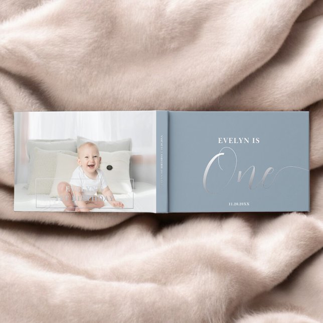 Photo 1st Birthday Script Blue Foil Guest Book (Creator Uploaded)
