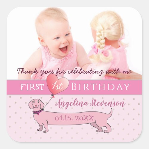 Photo 1st Birthday Thank You Pink Square Sticker