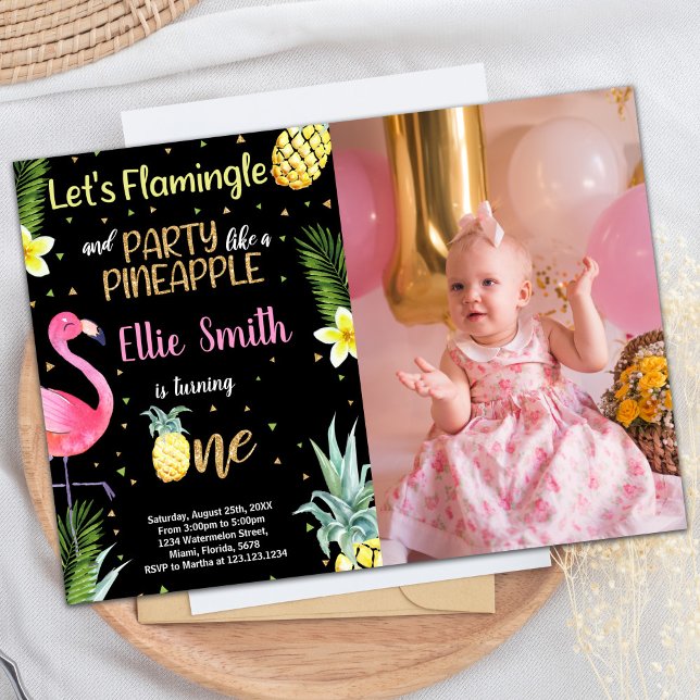 Photo 1st Black Glitter Flamingo Pineapple Invitation (Photo 1st Black Glitter Flamingo Pineapple Invitation)