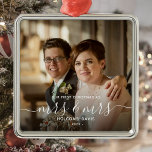 Photo 1st Christmas Mrs and Mrs LGBTQ White Script Metal Ornament<br><div class="desc">Commemorate the first Christmas of your marriage with this beautiful modern keepsake ornament. The white text reads "Our first Christmas as Mrs & Mrs, " with the words "Mrs & Mrs" in elegant handwriting script with flourishes before and after. Replace the sample image with your favorite photo, and add your...</div>
