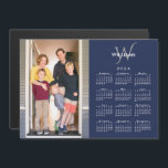 Photo 2024 Calendar Monogram Name Navy Blue Magnet<br><div class="desc">Modern 2024 calendar magnetic card features your vertical photo on the left and your monogram and name above the white calendar on the right on a navy blue background. Replace the sample image and text with your own in the sidebar. Makes a great stocking stuffer or holiday gift for family....</div>