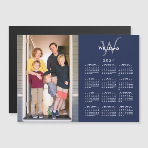 Photo 2024 Calendar Monogram Name Navy Blue Magnet