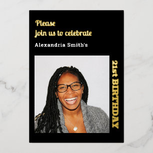 Photo 21st Birthday Black Gold Foil Invitation