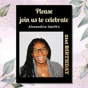 Photo 21st Birthday Black Gold Foil Invitation