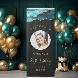 Photo 21st Birthday Teal Gold Agate Black Retractable Banner