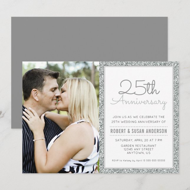Photo 25th Wedding Anniversary Faux Silver Glitter Invitation (Front/Back)