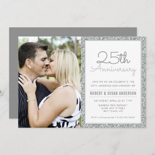 Photo 25th Wedding Anniversary Faux Silver Glitter Invitation