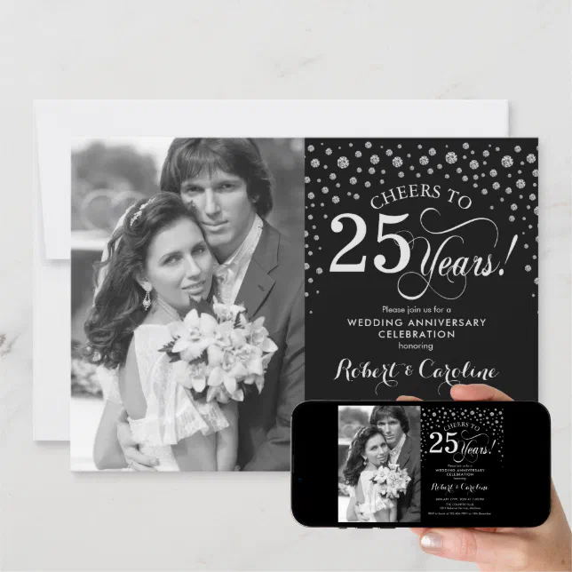 Photo 25th Wedding Anniversary - Silver Black Invitation | Zazzle