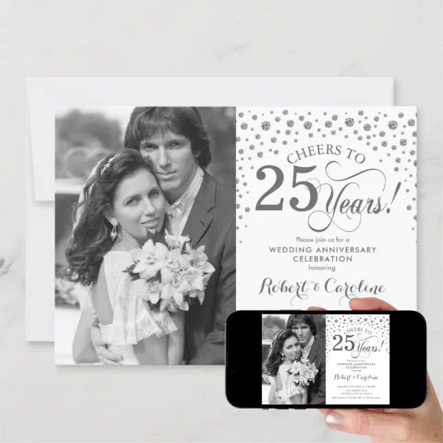 Photo 25th Wedding Anniversary - Silver White Invitation | Zazzle