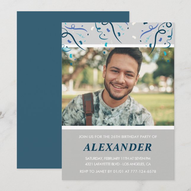 Photo 26th birthday invitations him  Blue Confetti (Front/Back)