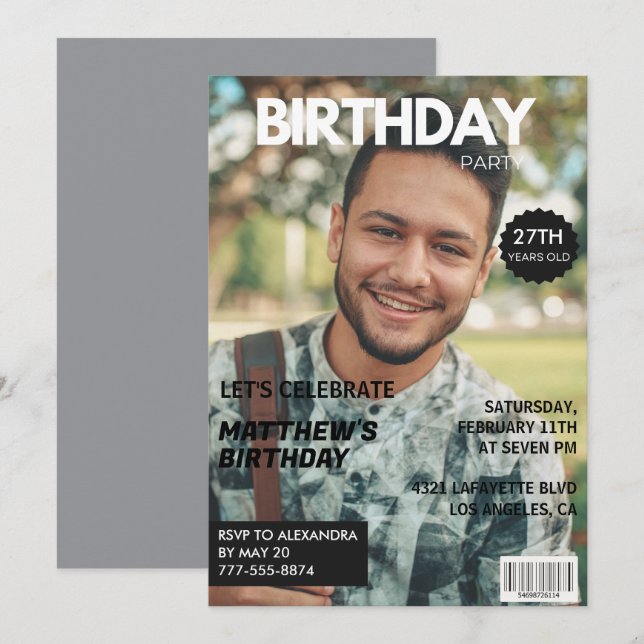 Photo 27th birthday invitations for him Magazine (Front/Back)