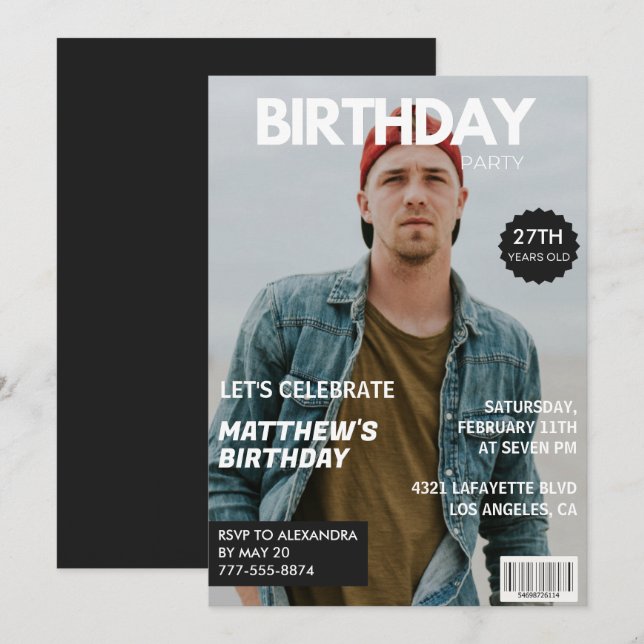 Photo 27th birthday invitations for him Magazine (Front/Back)