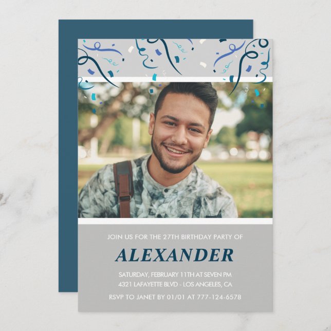 Photo 27th birthday invitations him  Blue Confetti (Front/Back)