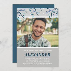 Photo 27th birthday invitations him Blue Confetti