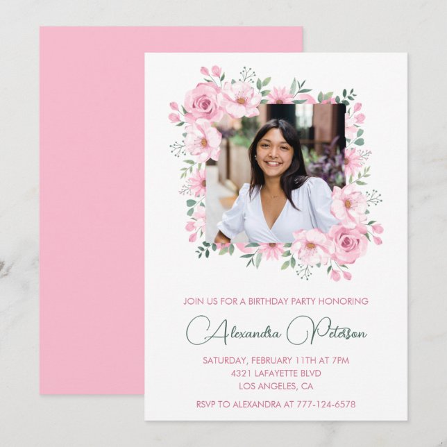 Photo 27th birthday invitations Pink Floral  (Front/Back)