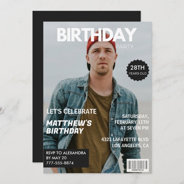 Photo 28th birthday invitations for him Magazine (Front/Back)