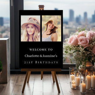 Photo 2 persons birthday modern black welcome foam board