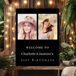 Photo 2 persons birthday modern black welcome poster