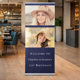 Photo 2 persons navy blue birthday welcome retractable banner