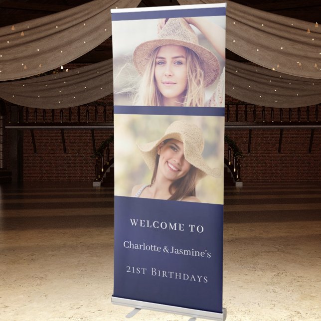Photo 2 persons navy blue birthday welcome retractable banner (Creator Uploaded)