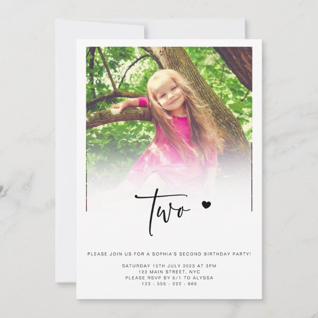 Photo 2nd Birthday TWO Heart Cute Lovely  Invitation (Front)