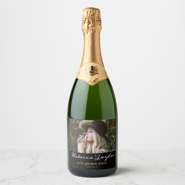 Photo 30 Birthday Black Gold Calligraphy Stylish  Sparkling Wine Label (Front)