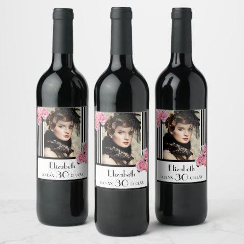 Photo 30th birthday black stripes floral monogram wine label