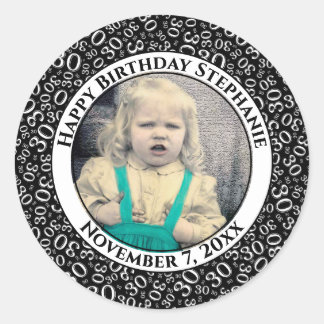 Photo 30th Random Number Pattern Black/White Classic Round Sticker
