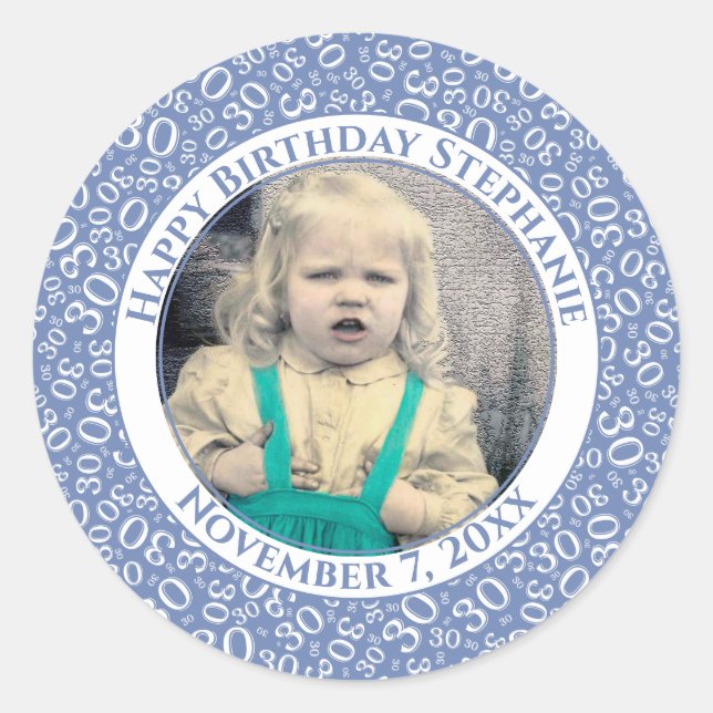 Photo 30th Random Number Pattern Blue/White Classic Round Sticker (Front)