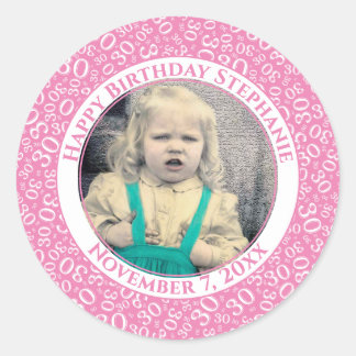 Photo 30th Random Number Pattern Pink/White Classic Round Sticker