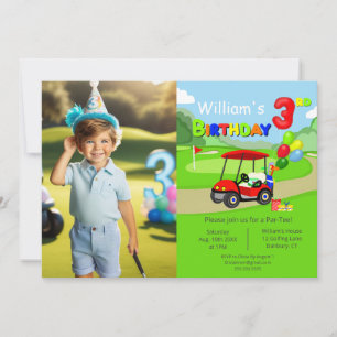 Photo 3rd Birthday Red Golf Cart Boy's Invitation