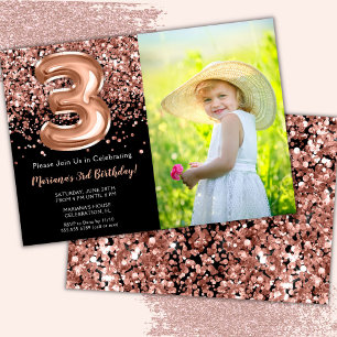 Photo 3rd Black Rose Gold Glitter Birthday Invitation