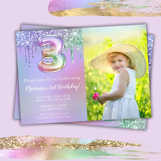 Photo 3rd Purple Pink Glitter Drips Birthday Party Invitation (Creator Uploaded)