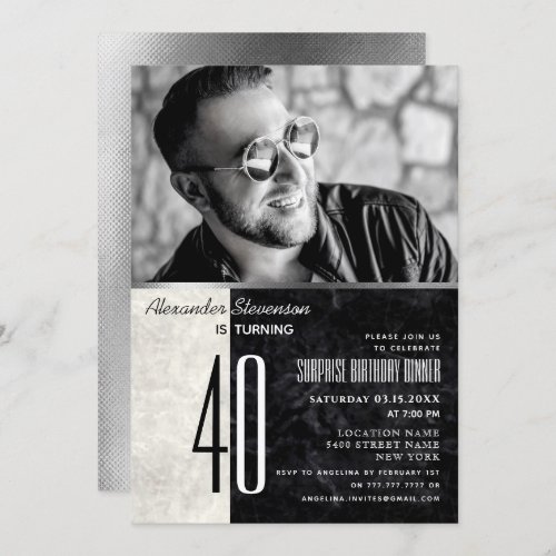 Photo 40th Birthday  Black and White Marble Invitation