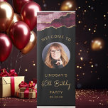 Photo 40th Birthday Burgundy Gold Agate Black Retractable Banner<br><div class="desc">Welcome guests to her 40th birthday party with this chic retractable banner, featuring a burgundy watercolor agate and gold faux glitter border above a round photo of the guest of honor on a black background. The words "40th Birthday" appear in trendy gold-colored handwriting script. Personalize the banner with her name...</div>