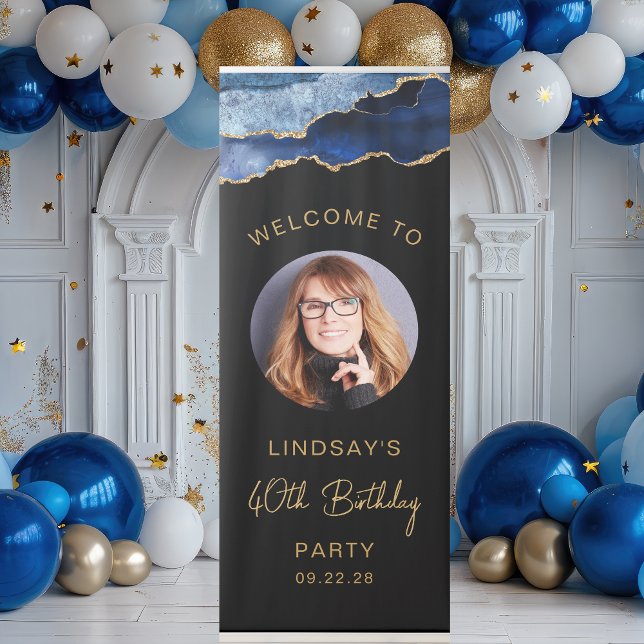 Photo 40th Birthday Navy Blue Gold Agate Black Retractable Banner (Creator Uploaded)