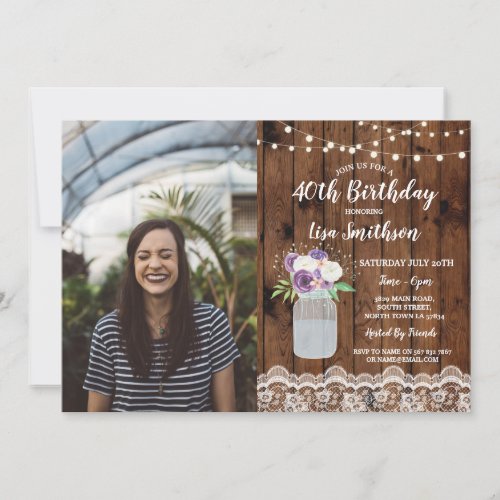 Photo 40th Birthday Party Floral Jar Lace Wood Invitation