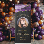 Photo 40th Birthday Purple Gold Agate Black Retractable Banner<br><div class="desc">Welcome guests to her 40th birthday party with this chic retractable banner, featuring a purple watercolor agate and gold faux glitter border above a round photo of the guest of honor on a black background. The words "40th Birthday" appear in trendy gold-colored handwriting script. Personalize the banner with her name...</div>