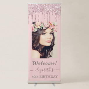 Photo 40th birthday rose gold pink glitter drips retractable banner