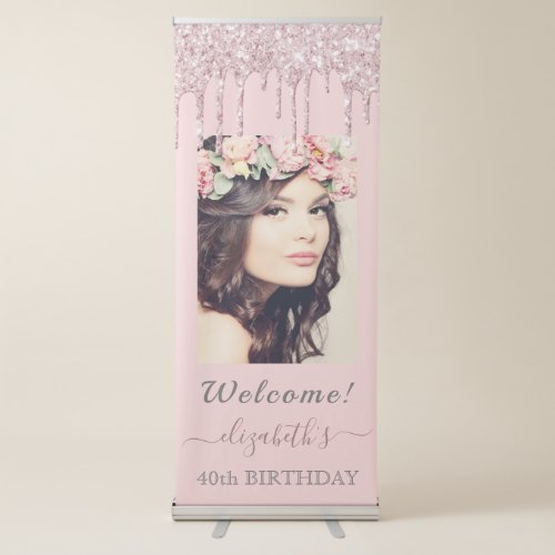 Photo 40th birthday rose gold pink glitter drips retractable banner