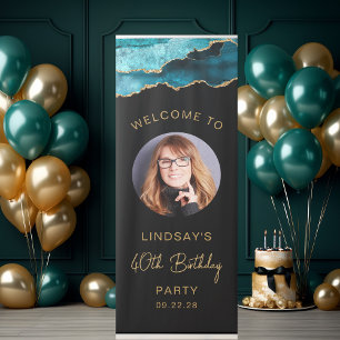 Photo 40th Birthday Teal Gold Agate Black Retractable Banner