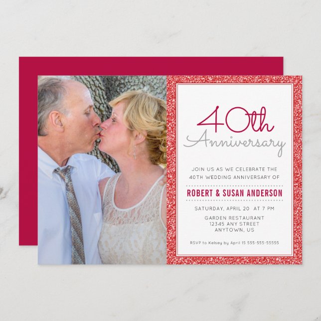 Photo 40th Wedding Anniversary Faux Red Glitter Invitation (Front/Back)