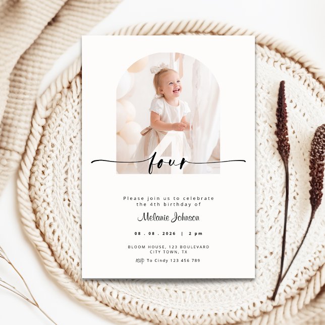 Photo 4th Birthday Invitation - Trendy Typography (4th birthday invitation with photo and cream color background)