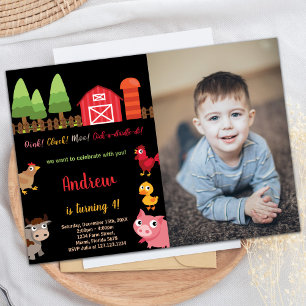 Photo 4th Black Red Farm Animals Birthday Invitation