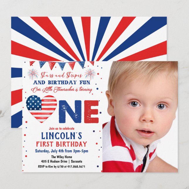 PHOTO - 4th of July 1st Birthday Invitation (Front/Back)
