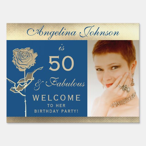 Photo 50 and Fabulous 50th Birthday Blue & Gold Sign | Zazzle