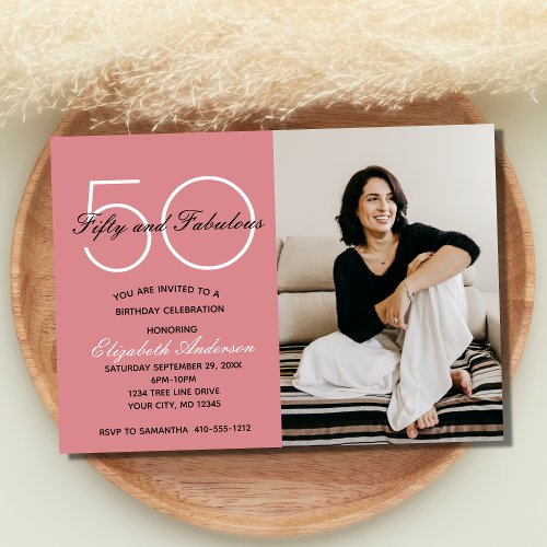 Photo 50 and Fabulous Pink Birthday  Invitation