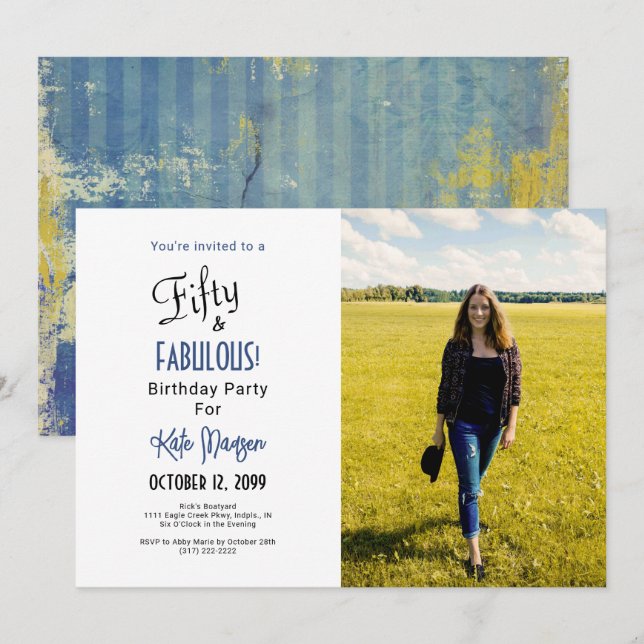 Photo 50 & FABULOUS 50th Birthday Party Blues Invitation (Front/Back)